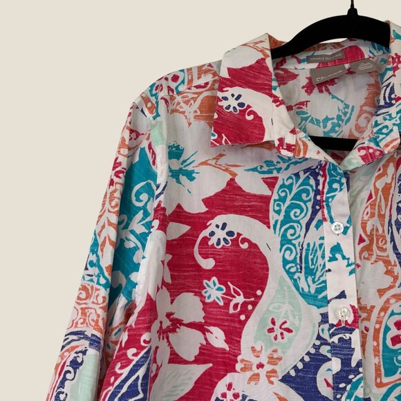 Chico's Wrinkle Resistant Non Iron Button Vibrant Shirt 3/4 Sleeve Size L (2) - Picture 3 of 8